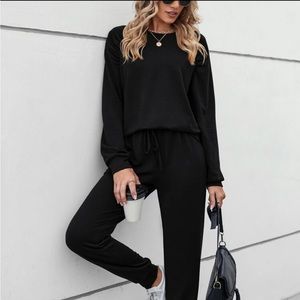 Black Cozy Loungewear Set Drop Shoulder Vneck Top and Pants -2 Piece Set